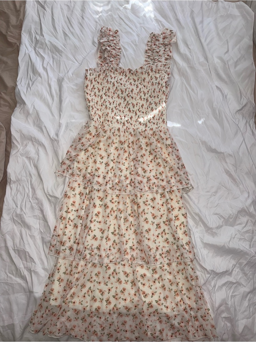 Smocked Floral Tiered Maxi Dress in Cream with Pink Floral Print